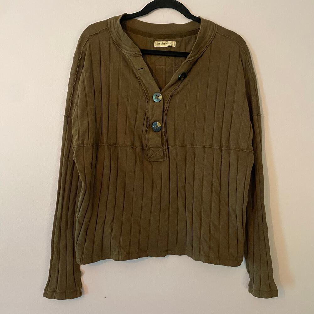 We The Free The Mix Army Green Ribbed Oversized Long Sleeve Top Women's Medium